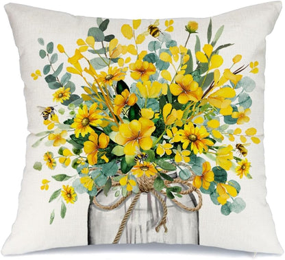 AACORS Spring Pillow Cover 18x18 Inch Eucalyptus Flowers Decor Vase Bee Farmhouse Summer Pillow Case Decorations for Home Sofa Couch AA509-18