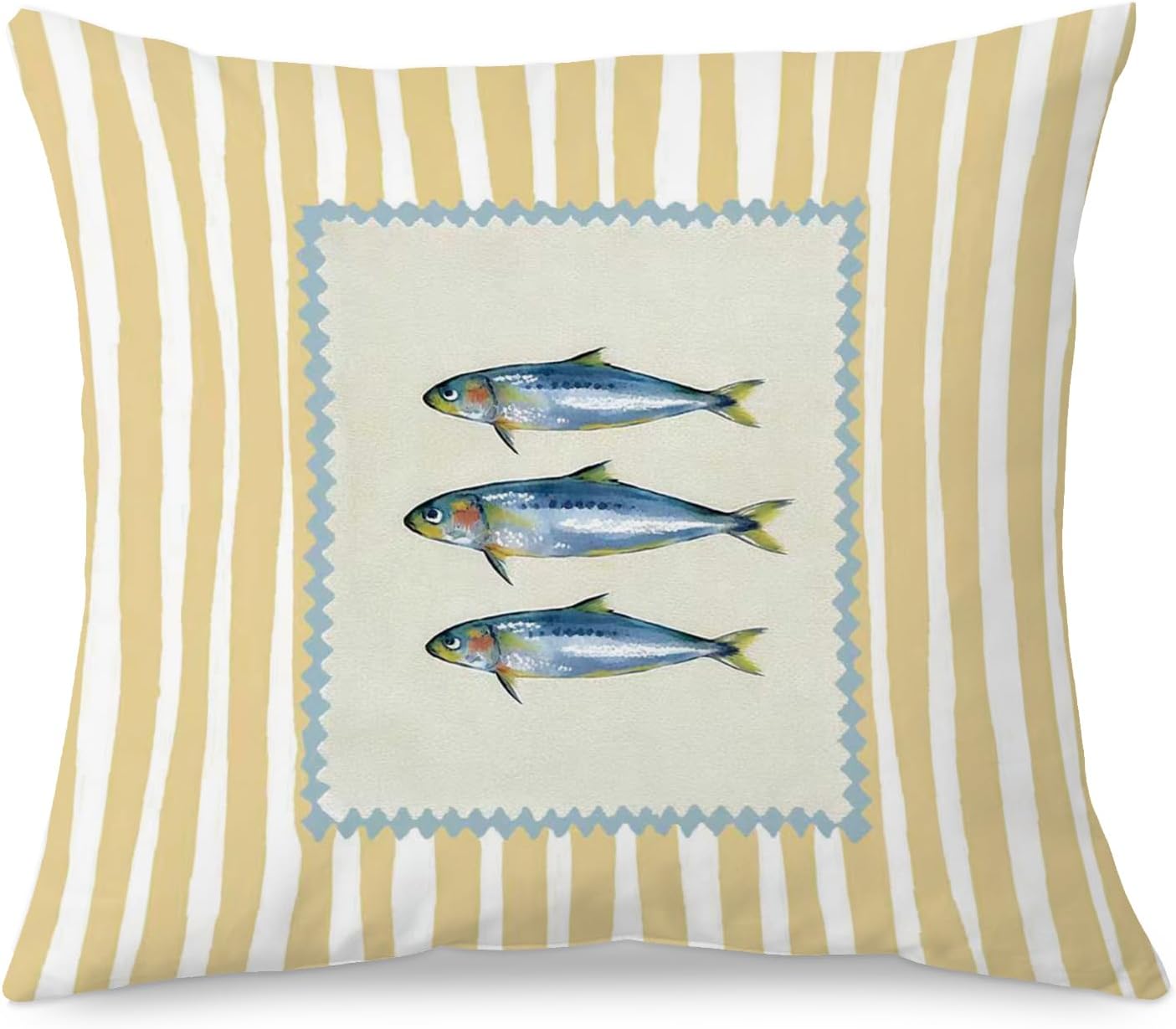 Coastal Beach Sardine Fish 18x18 Pillow Cover, Trendy Yellow Striped Fish Fishing Summer Decorative Throw Pillow Cover for Home Bedroom Living Room