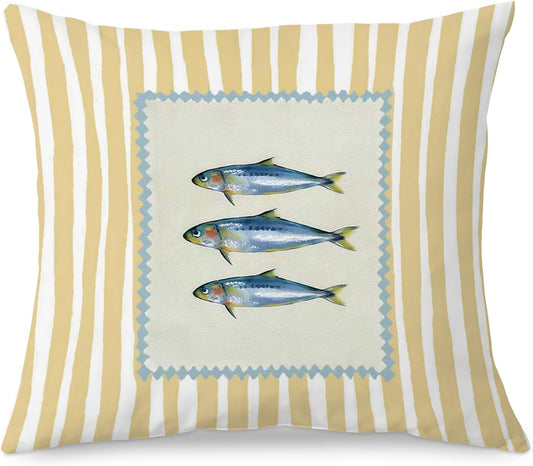 Coastal Beach Sardine Fish 18x18 Pillow Cover, Trendy Yellow Striped Fish Fishing Summer Decorative Throw Pillow Cover for Home Bedroom Living Room
