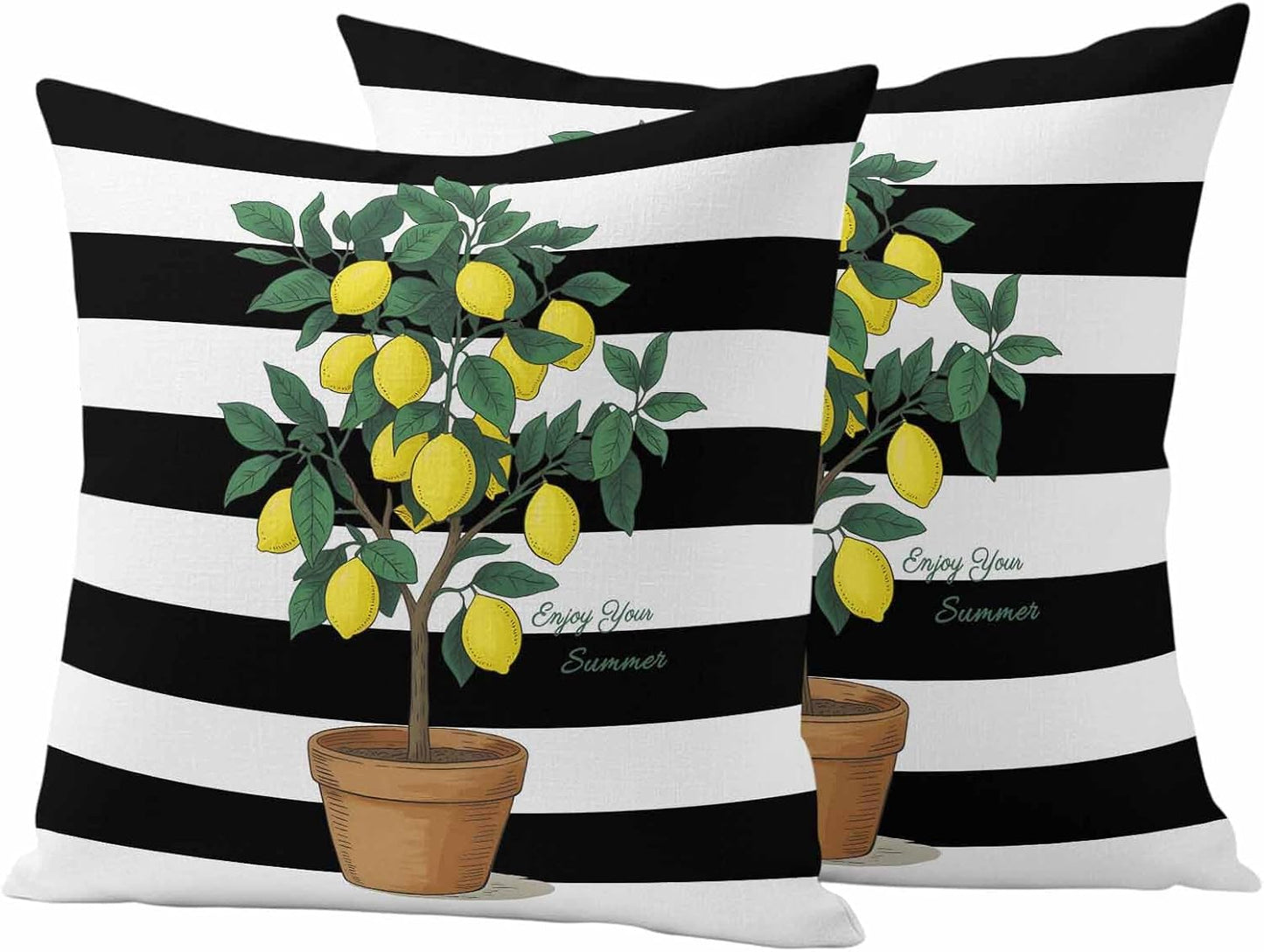Summer Lemons Outdoor Waterproof Pillow Covers Set of 2, Yellow Fruit Leaf Black White Striped Abstract Pillowcase Decorative Throw Cushion Cases for Patio Garden Couch 18 x 18 Inches