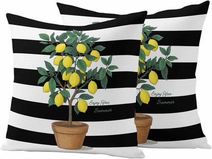 Summer Lemons Outdoor Waterproof Pillow Covers Set of 2, Yellow Fruit Leaf Black White Striped Abstract Pillowcase Decorative Throw Cushion Cases for Patio Garden Couch 18 x 18 Inches