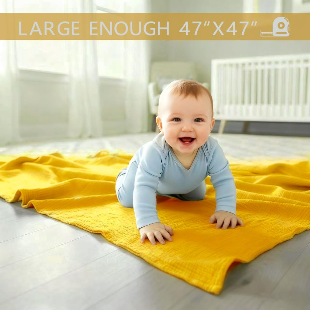 Muslin Swaddle Blankets for Baby Boy - 3 Pack 47x47 Inch Large Receiving Blankets, Soft Breathable Cotton Nursery Swaddles for Newborn, Infant & Todler (Yellow, White, Banana)