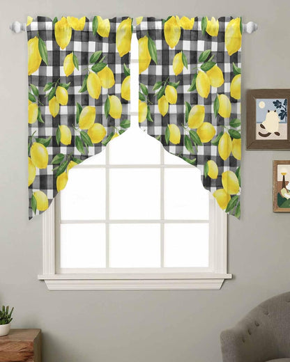 Yellow Lemon Swag Valances for Windows Summer Fruit Black Buffalo Plaid Country Semi Sheer Valance Curtains Voile Swags Topper Curtain for Kitchen Living Room Bedroom, 2 Panels, 36x36 Inch