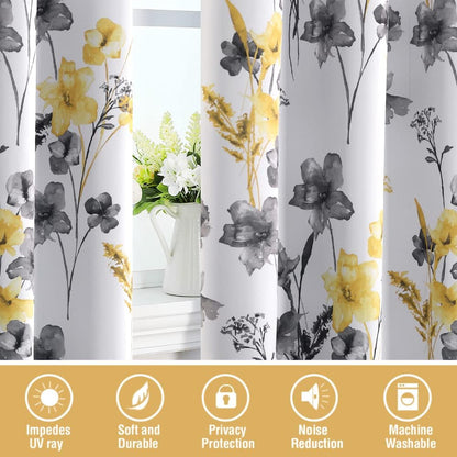 H.VERSAILTEX 100% Blackout Curtains 84 inch Length 2 Panels Set Cattleya Floral Printed Drapes Leah Floral Thermal Curtains for Bedroom with Black Liner Sound Proof Curtains, Grey and Yellow