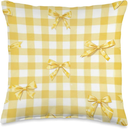 Yellow Coquette Aesthetic Bows Ribbon Patter Throw Pillow