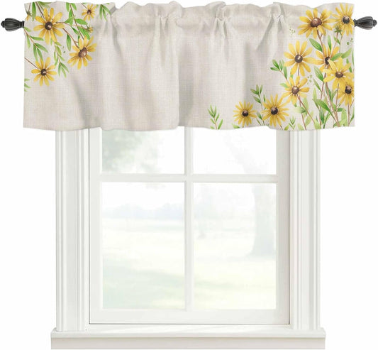 Daisy Curtain Valances for Windows, Vintage Yellow Daisy Floral Linen Texture Rod Pocket Valance Window Treatments Short Curtains for Kitchen Bathroom Living Room 42 x 12 Inches, 1 Panel