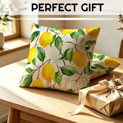 Yellow Lemon and Flower Linen Throw Pillow Covers 16x16 Inches Refreshing Visual Decorative Cushion Lovers of Fresh Designs, Living Room and Bedroom