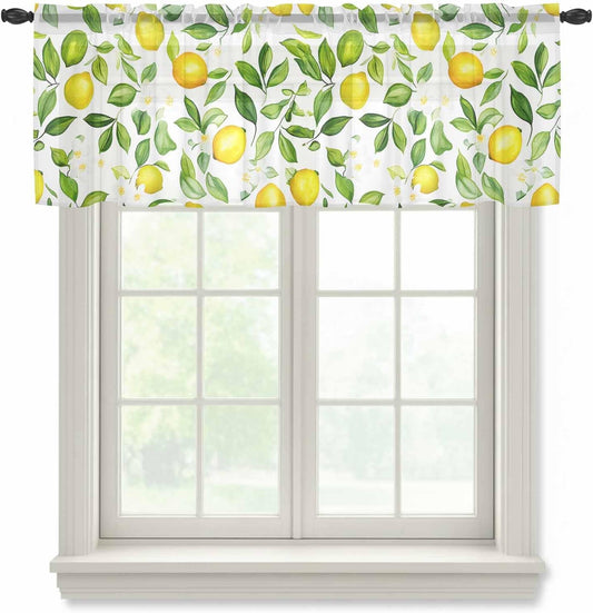 Watercolor Yellow Sheer Curtain 18 Inch Long Green Lemon Plant Leaf Farmhouse Light Filtering Rod Pocket Voile Curtain Valance for Bedroom Kitchen Cafe Window 54" W x 18" L