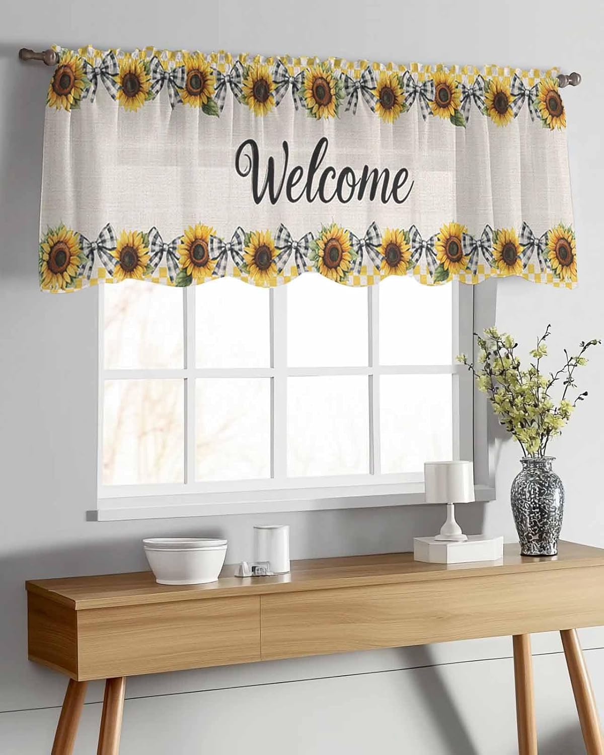 Sunflower Sheer Valance Curtains, Welcome Bow Yellow Buffalo Plaid Rustic Linen Light Filtering Kitchen Valances Rod Pocket Short Voile Curtains for Bedroom/Living Room/Basement 42Wx12L