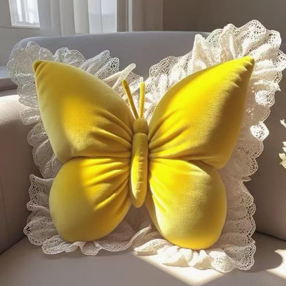 Butterfly Throw Pillow,21.6 inch Velvet Butterfly Decorative Pillow with Lace Trim,Animal Pillow for Couch Living Room Bed,Home Garden Decor (Yellow)