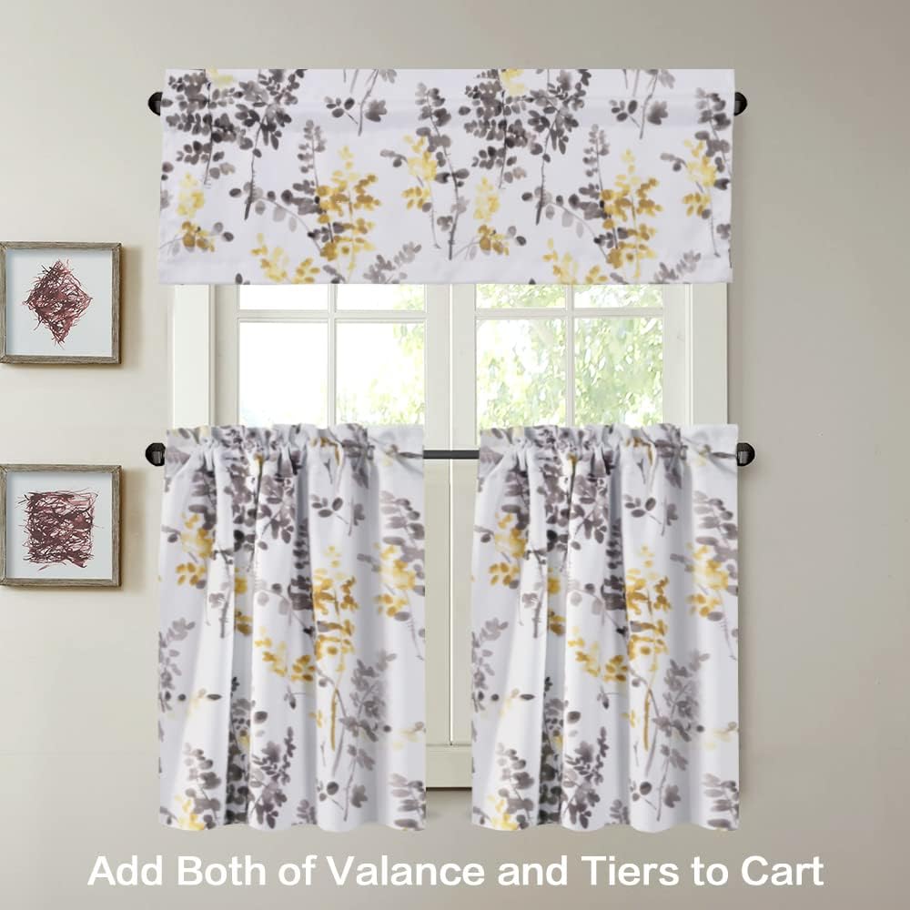 H.VERSAILTEX Valance for Kitchen Windows/Bathroom/Living Room/Bedroom Blackout Window Valance Thermal Insulated Rod Pocket Valance Curtains, 52" W x 18" L, 1 Panel, Floral Pattern in Grey and Yellow