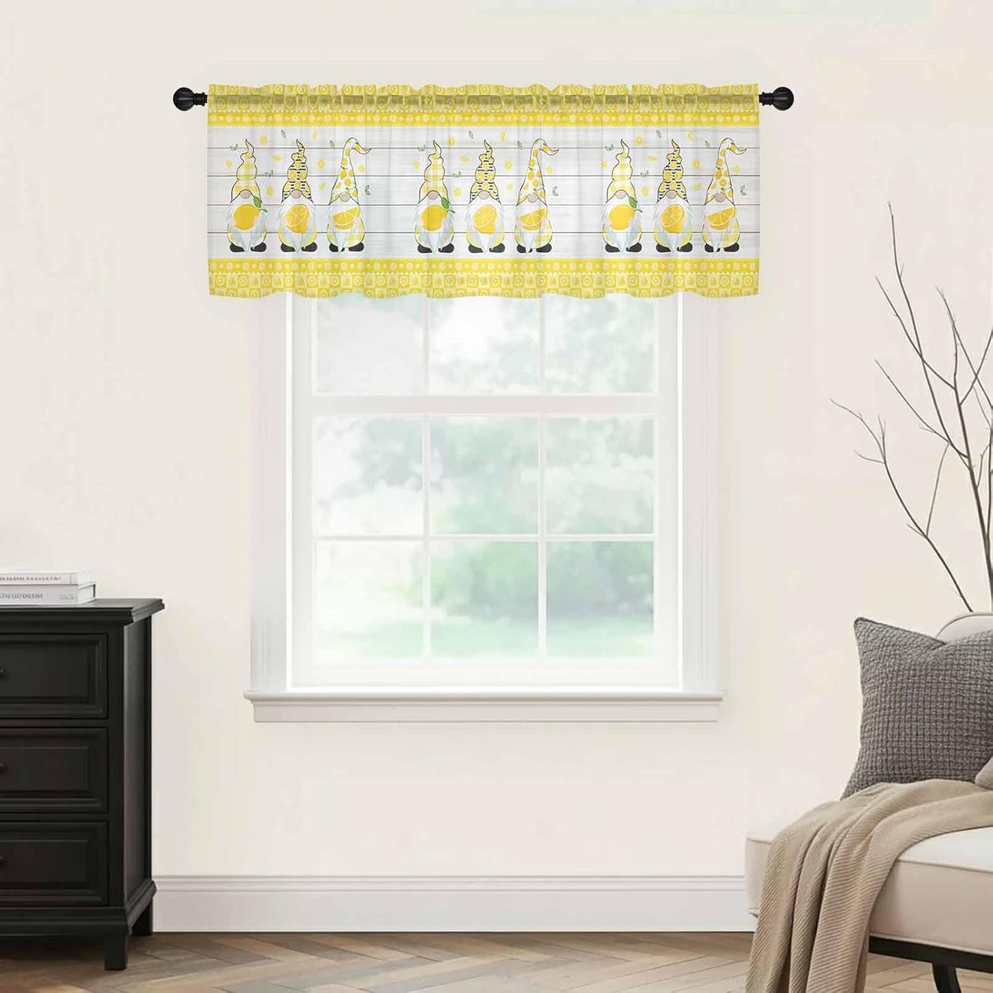 Sheer Window Valance Lemon and Gnomes Semi Voile Short Curtain Rod Pocket Yellow Check Plaid Wood Grain Valances Window Treatment for Bedroom Living Room Kitchen 54x18in