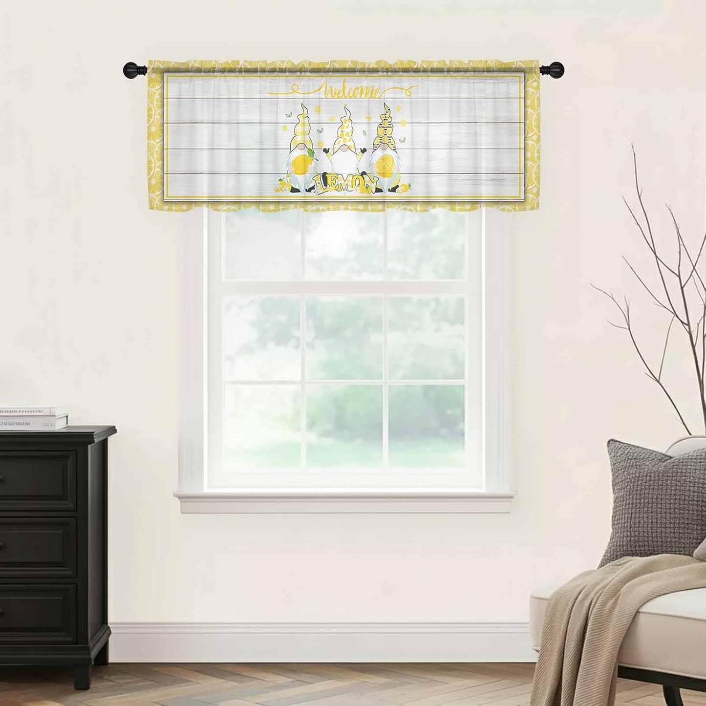Sheer Valances for Windows Fruit Lemon Gnome Window Valances Rod Pocket Farmhouse Plants Wood Grain Window Treatment Sheer Curtains for Kitchen Living Room Bedroom Bathroom 54x18in