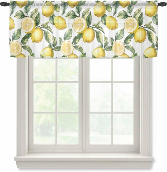 Yellow Lemon Sheer Curtain 18 Inch Long Fruit Leaf Vintage Plant Country Style Light Filtering Rod Pocket Voile Curtain Valance for Bedroom Kitchen Cafe Window 54" W x 18" L