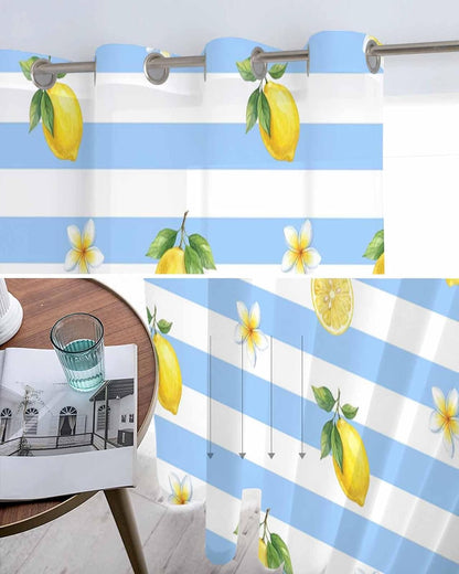 Summer Fruit Sheer Curtains 48 Inches Long 2 Panels Set, Watercolor Yellow Lemon Rustic Flower Plate Blue Stripes Chiffon Sheer Backdrop Curtains Sheer Curtain Panels for Bedroom Living Room 52x45in