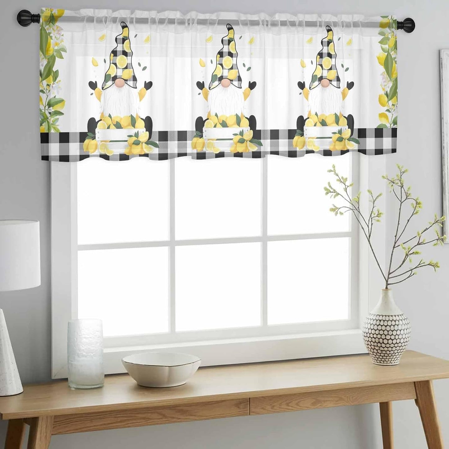 Lemon Gnomes Sheer Curtains Valances for Windows Summer Botanical Yellow Fruit Black Lattice Chiffon Kitchen Valances for Cafe, Voile Window Treatments Curtains for Living Room Bedroom, 54"x18"