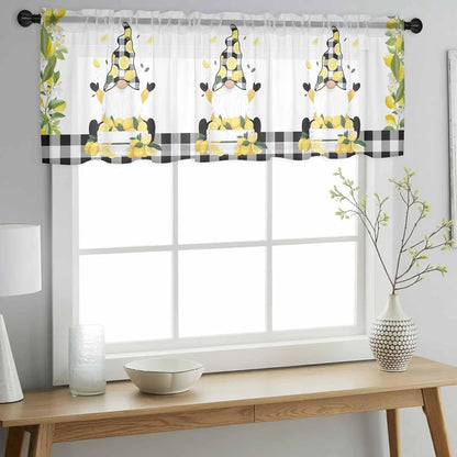 Lemon Gnome Sheer Valance Curtains, Green Leaf Black Plaid Farm Fruit Idyllic Wind Light Filtering Kitchen Valances Rod Pocket Voile Curtain Window Treatment for Bedroom/Living Room/Basement 54Wx18L
