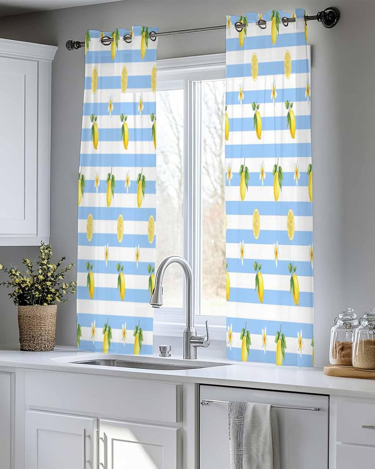 Summer Fruit Sheer Curtains 48 Inches Long 2 Panels Set, Watercolor Yellow Lemon Rustic Flower Plate Blue Stripes Chiffon Sheer Backdrop Curtains Sheer Curtain Panels for Bedroom Living Room 52x45in