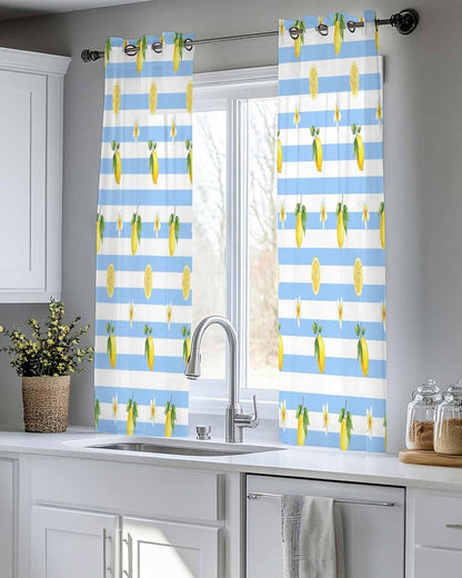 Summer Fruit Sheer Curtains 48 Inches Long 2 Panels Set, Watercolor Yellow Lemon Rustic Flower Plate Blue Stripes Chiffon Sheer Backdrop Curtains Sheer Curtain Panels for Bedroom Living Room 52x45in