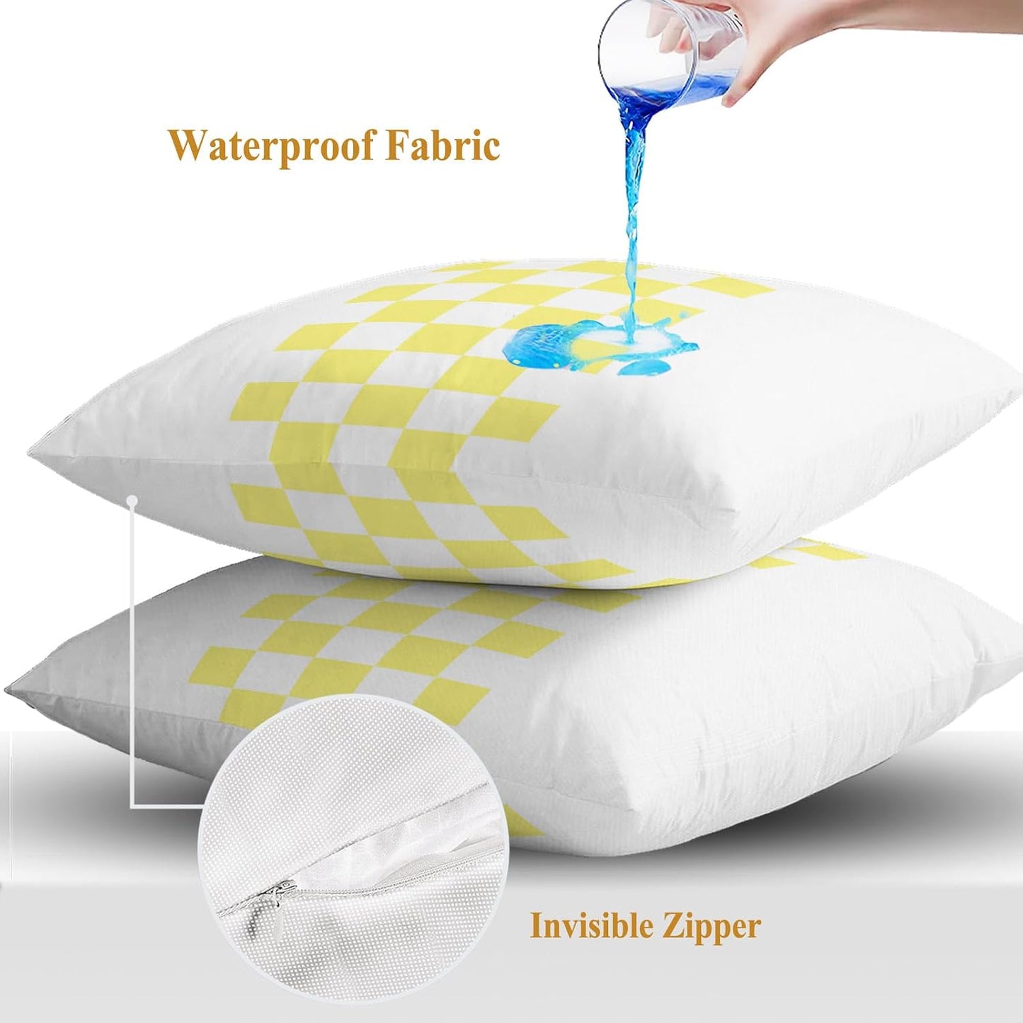 Outdoor Pillows 16x16 Inch Waterproof Outdoor Pillow Covers, Yellow Check Plaid Throw Pillow Covers Garden Cushion Decorative Case for Patio Couch Decoration Set of 2, Buffalo Farmhouse Style Pattern