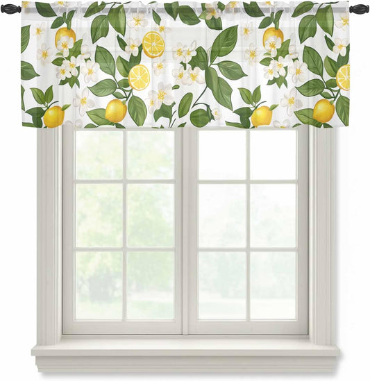 Rustic Watercolor Sheer Curtain 18 Inch Long Yellow Lemon and Green Leaf Floral Light Filtering Rod Pocket Voile Curtain Valance for Bedroom Kitchen Cafe Window 54" W x 18" L