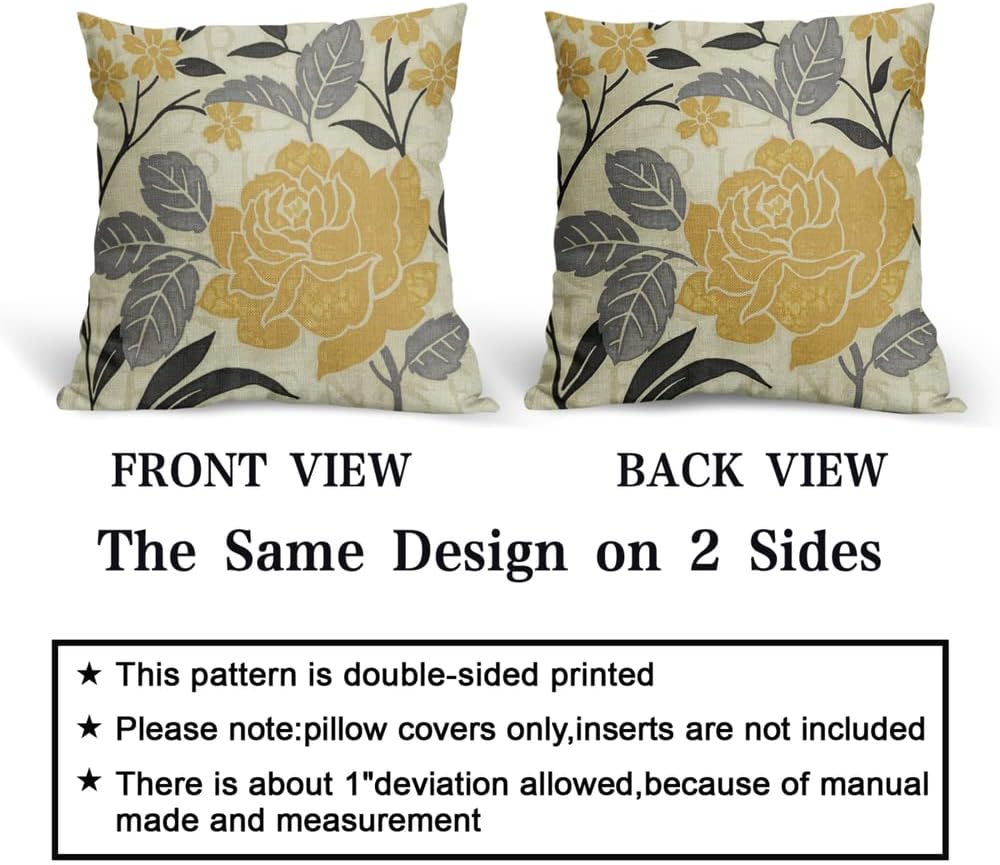 Kawani Grey and Yellow Flower Pillow Covers 20x20 Set of 2 Mustard Yellow Case Soft Decorative Spring Outdoor Cotton Linen Leaf Pillowcases Decor Gifts for Home Patio Couch Sofa (TPC-23042406)