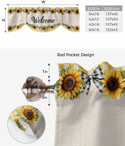 Sunflower Tie Up Valances for Windows, Welcome Bow Yellow Buffalo Plaid Rustic Linen Rod Pocket Tie-up Valance Curtains, Adjustable Short Window Treatment for Kitchen Living Room Bathroom 54”x18”