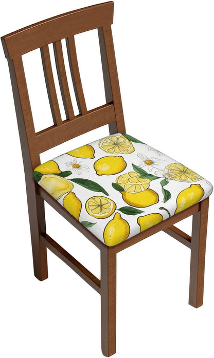 Square Chair Seat Covers Set of 4, Yellow Lemons Chair Covers with Elastic Ties, Soft Stretch Removable Universal Chair Protector Seat Cushion Slipcovers for Dining Room Kitchen Office