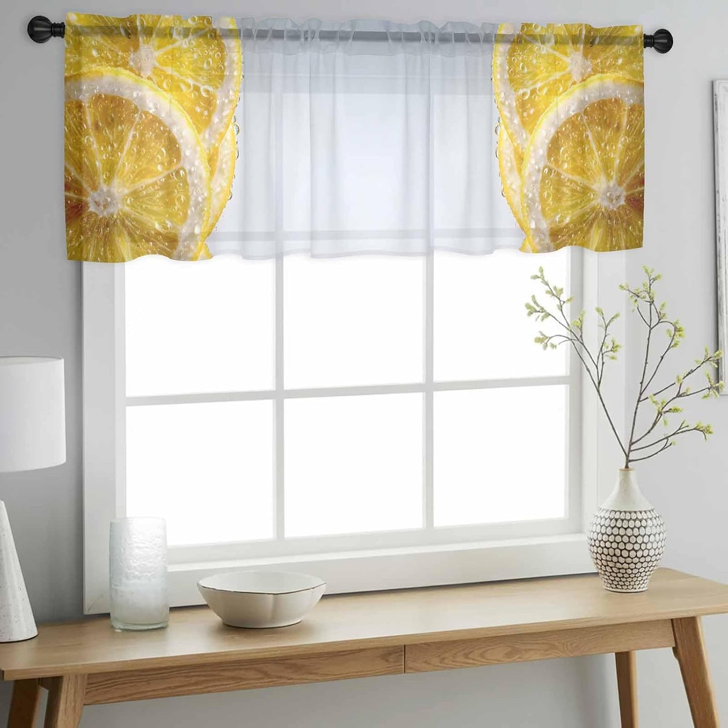 Yellow Lemons Valance Curtains for Kitchen/Living Room/Bathroom/Bedroom Window, Summer Bubble Lemon Slices Fruit Rod Pocket Small Topper Half Short Window Curtains Voile Sheer Scarf, 54"x18"