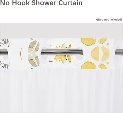 No Hook Shower Curtain,Yellow Gray Floral Double-Layered Shower Curtain with Snap-in Liner and Weights,Watercoor Flower Leaves Fabric Bath Curtain with See Through Mesh, 71x74in
