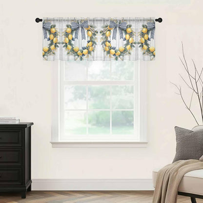 Farmhouse Style Sheer Curtain 18 Inch Long Lemon Garland Bow Wood Grain Light Filtering Rod Pocket Voile Curtain Valance for Bedroom Kitchen Cafe Window 54" W x 18" L