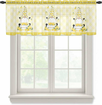 Lemon Dwarfs Sheer Valances for Windows Yellow Plaid Flower Summer Fruit Farm Plant Semi Sheer Kitchen Valance Rod Pocket Small Voile Window Curtains for Living Room Bedroom Laundry 54 x 18 Inch