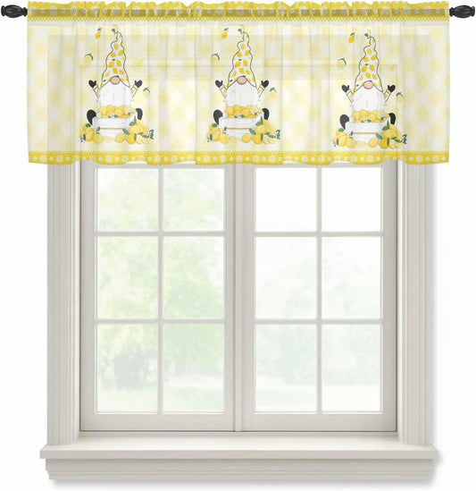 Lemon Dwarfs Sheer Valance Curtains, Yellow Plaid Flower Summer Fruit Farm Plant Light Filtering Kitchen Valances Rod Pocket Voile Curtain Window Treatment for Bedroom/Living Room/Basement 54Wx18L