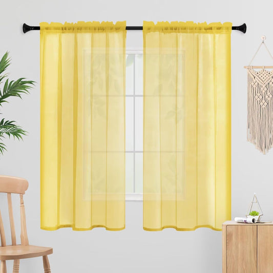 Sheer Curtains 54 Inches Long 2 Panels, Rod Pocket Short Curtain for Kitchen, Bedroom, Cafe Window(Yellow 38" W x 54" L)