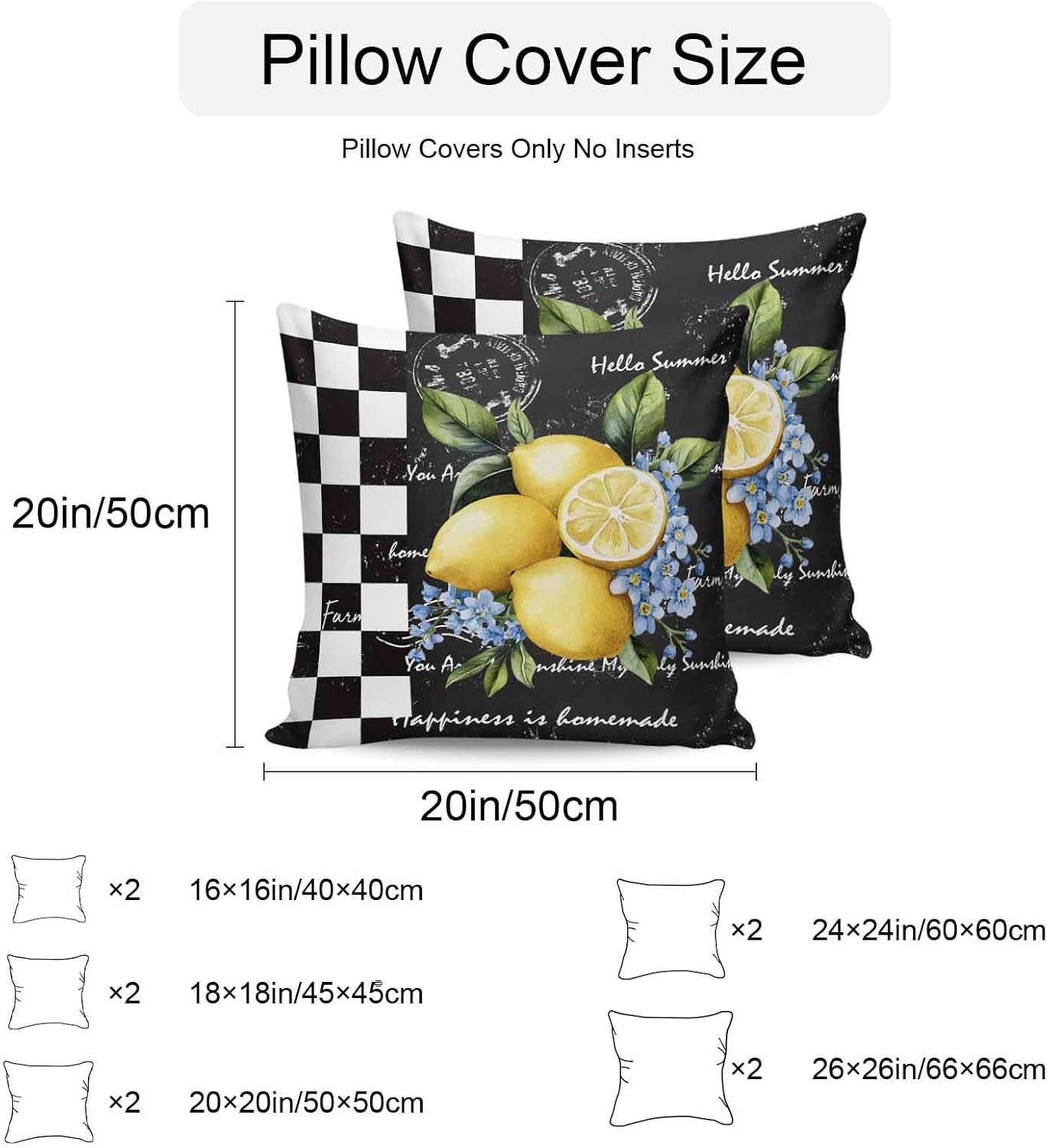 Outdoor Throw Pillow Covers Set of 2 Lemon Blue Flowers Waterproof Decorative Cushion Covers Black White Check Outdoor Pillowcases for Patio Couch Garden Balcony Sofa 16 x 16 Inches