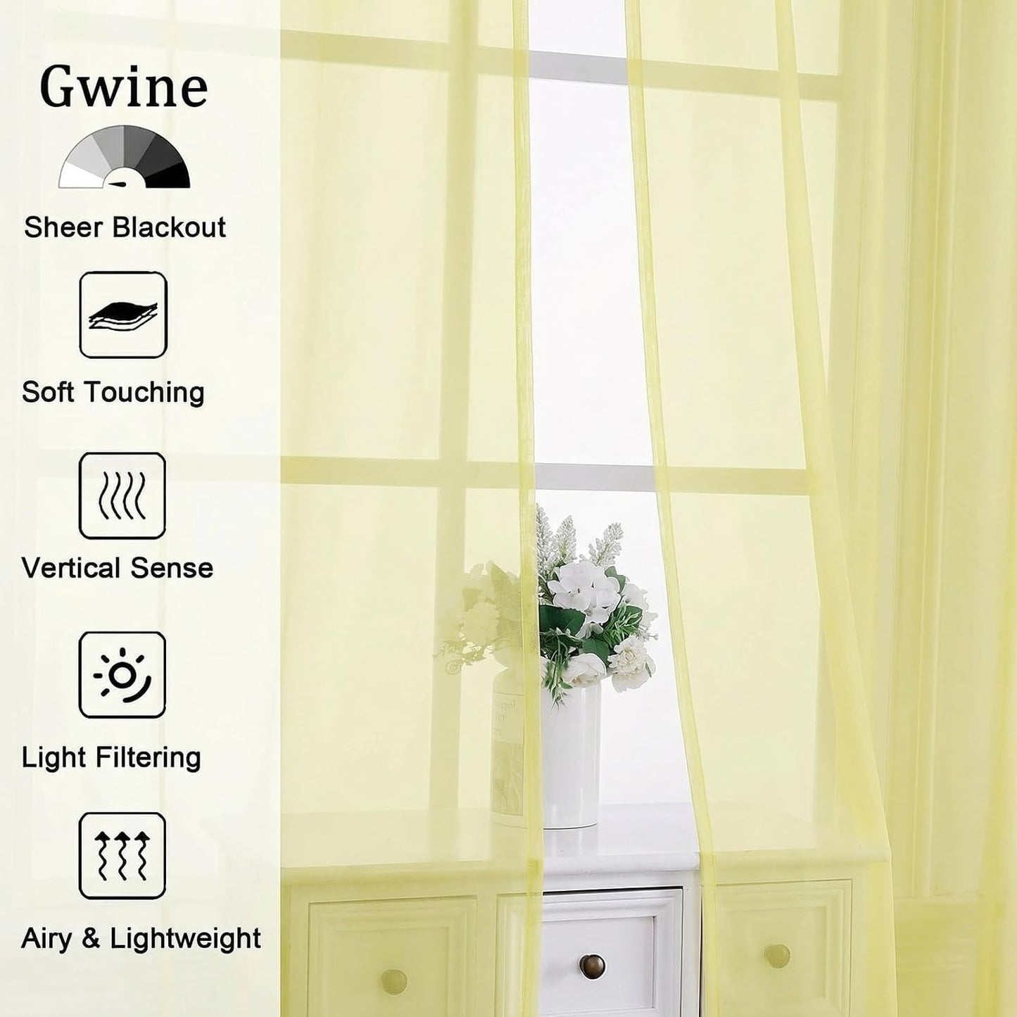 Gwine Light Yellow Sheer Curtains 84 Inches Long 2 Panels Set for Living Room, Rod Pocket Voile Bedroom Curtains, Light Filtering Solid Window Sheer Panels, Each 42Wx84L