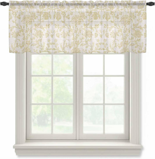 Pastoral Flowers Sheer Curtain 18 Inch Long Yellow Flower Farm Vintage Linen Texture Light Filtering Rod Pocket Voile Curtain Valance for Bedroom Kitchen Cafe Window 54" W x 18" L