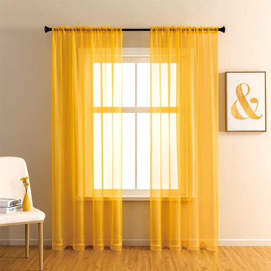 GYROHOME Basic Rod Pocket Sheer Voile Curtain, Sunlight Filtering Protect Privacy Polyester Sheer for Bedroom Patio Door Set of 2Panels, Gold Yellow, 52x84inch