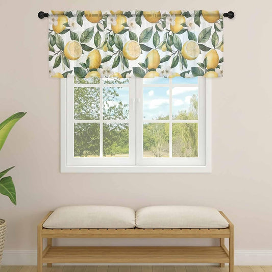 Summer Lemon Sheer Curtain 18 Inch Long Flower Leaves Light Filtering Rod Pocket Voile Curtain Valance for Bedroom Kitchen Cafe Window 54" W x 18" L
