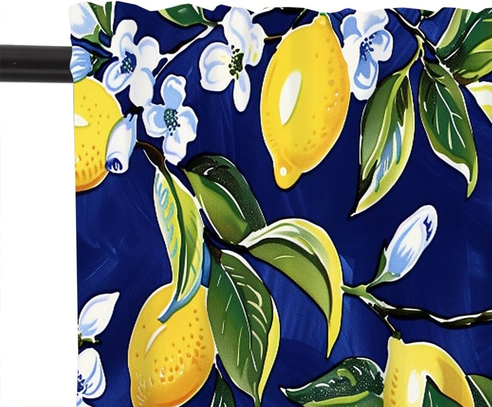 1 Panel Blue Floral Yellow Lemon Window Valances, Nature Food Fruit Window Treatment Decor Curtains Rod Pocket Valances for Kitchen/Living Room, 54" X 18"