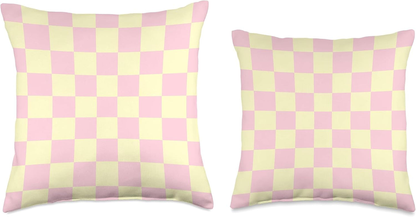 Butter Yellow Pink Checkered Aesthetic Checkerboard Pattern Throw Pillow