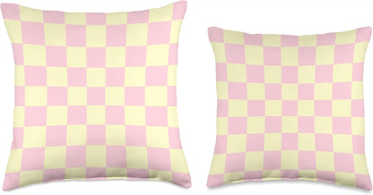 Butter Yellow Pink Checkered Aesthetic Checkerboard Pattern Throw Pillow