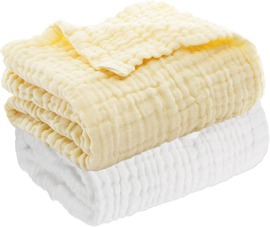 Aablexema Baby Muslin Bath Towels - Set of 2 Large Size 43X43 Inches Swaddle Blanket for Newborn Toddlers Boys Girls (White & Yellow)