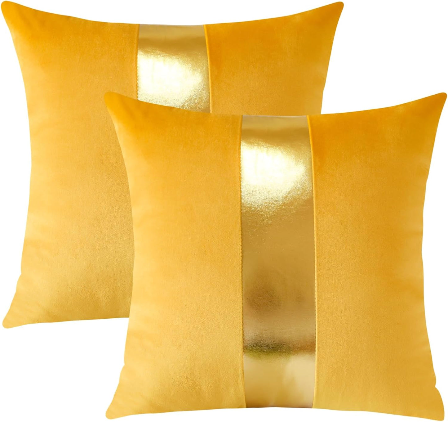 Artscope Yellow Velvet Throw Pillow Covers with Gold Leather Stitching Luxury Modern Minimalist Square Pillowcase Cushion Covers for Bed Couch Sofa 18x18Inch Set of 2