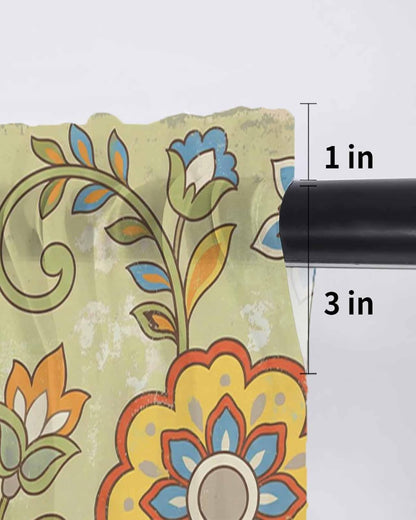 Yellow Green Boho Floral Sheer Tier Curtains 45 Inch Length, Retro Rustic Abstract Flowers Cafe Curtains Light Filtering, Sheer Voile Small Window Curtains 2 Panels, 27.5" x 45"