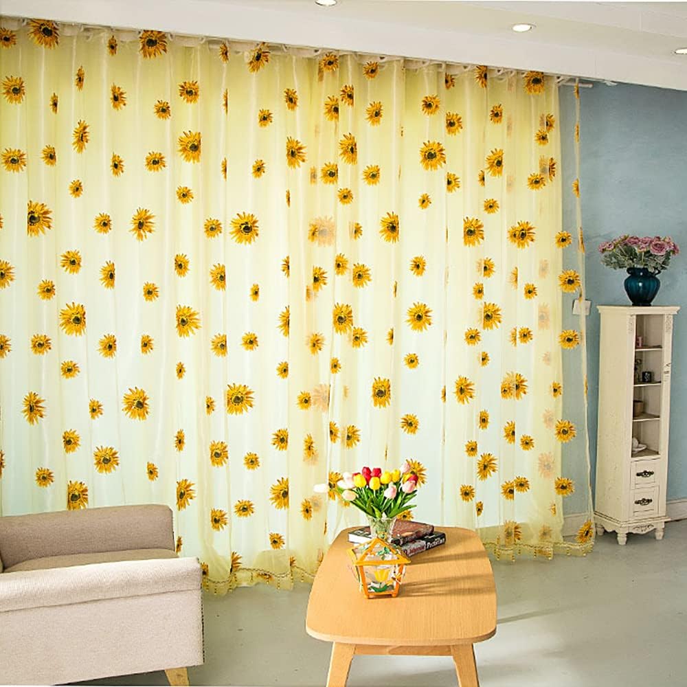 BIGEBO 2PCS Sunflower Curtains with 2 Curtain Tiebacks Rope | Rod Pocket Window Treatments W39" x L79" Yellow Sheer Window Curtains for Bedroom Living Room Kitchen Decor