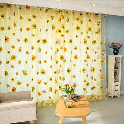 BIGEBO 2PCS Sunflower Curtains with 2 Curtain Tiebacks Rope | Rod Pocket Window Treatments W39" x L79" Yellow Sheer Window Curtains for Bedroom Living Room Kitchen Decor