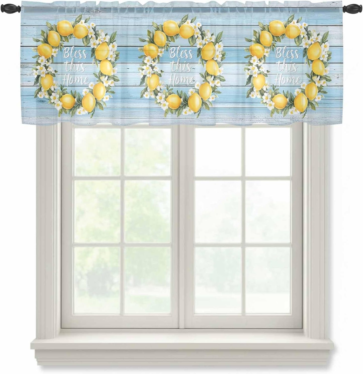 Country Bless This Home Sheer Curtain 18 Inch Long Yellow Lemon Blue Wood Grain Light Filtering Rod Pocket Voile Curtain Valance for Bedroom Kitchen Cafe Window 54" W x 18" L