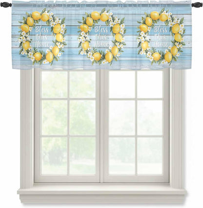 Country Bless This Home Sheer Curtain 18 Inch Long Yellow Lemon Blue Wood Grain Light Filtering Rod Pocket Voile Curtain Valance for Bedroom Kitchen Cafe Window 54" W x 18" L