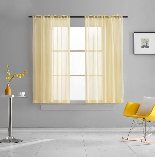 Light Yellow Sheer Voile Curtains Short Translucent 45 Inches Long with Rod Pocket Light Yellow Sheers 45 Inches Long for Small Window Kitchen Bedroom Living Room 2 Panels 52x45
